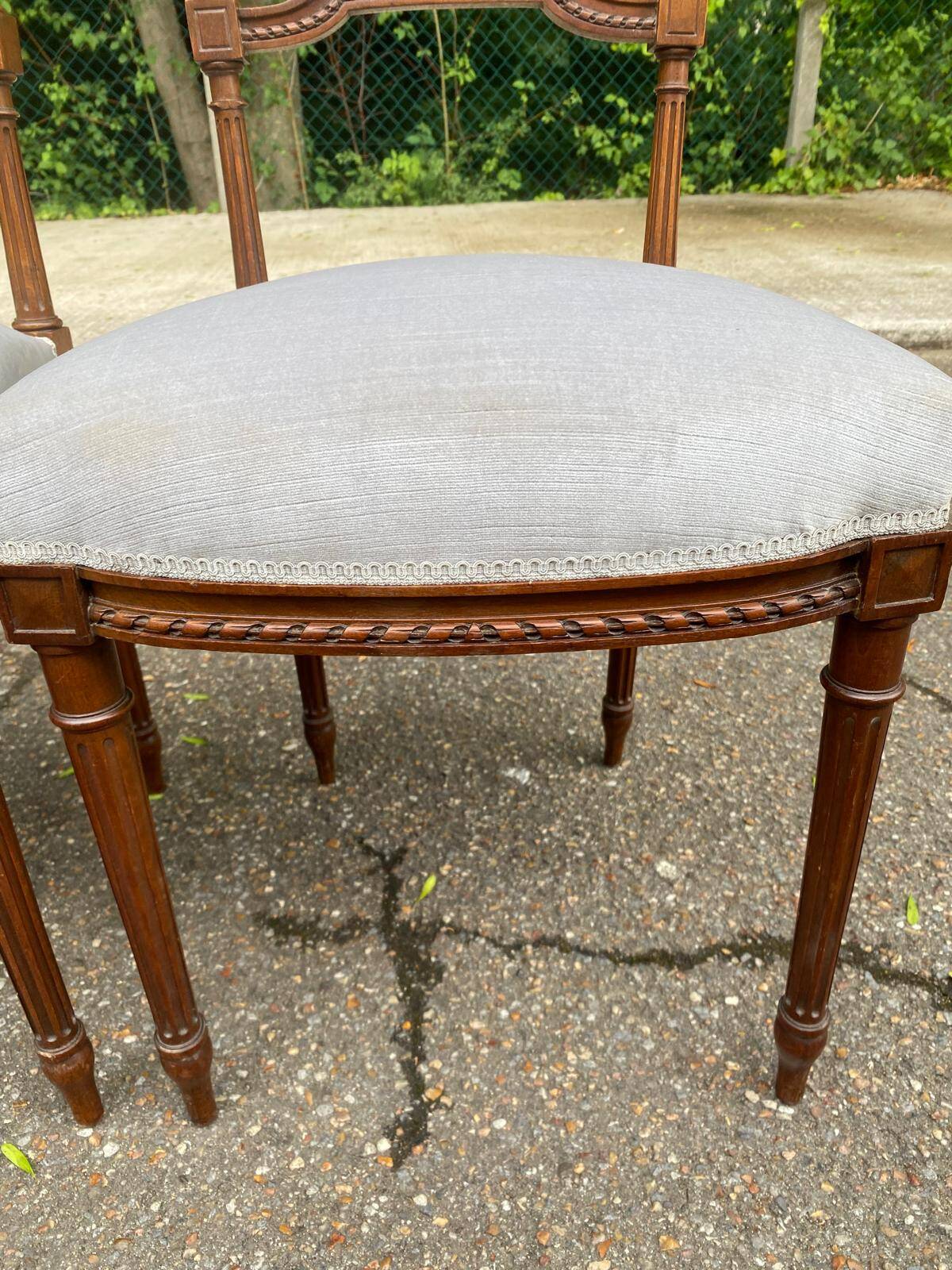 2 Louis XVI period chairs in solid wood and grey fabric.
