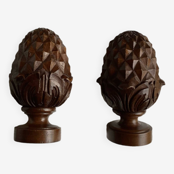 Set of 2 old pine cone shaped wooden tips