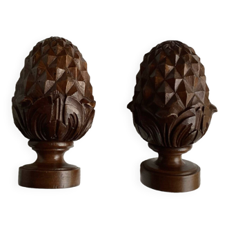 Set of 2 old pine cone shaped wooden tips