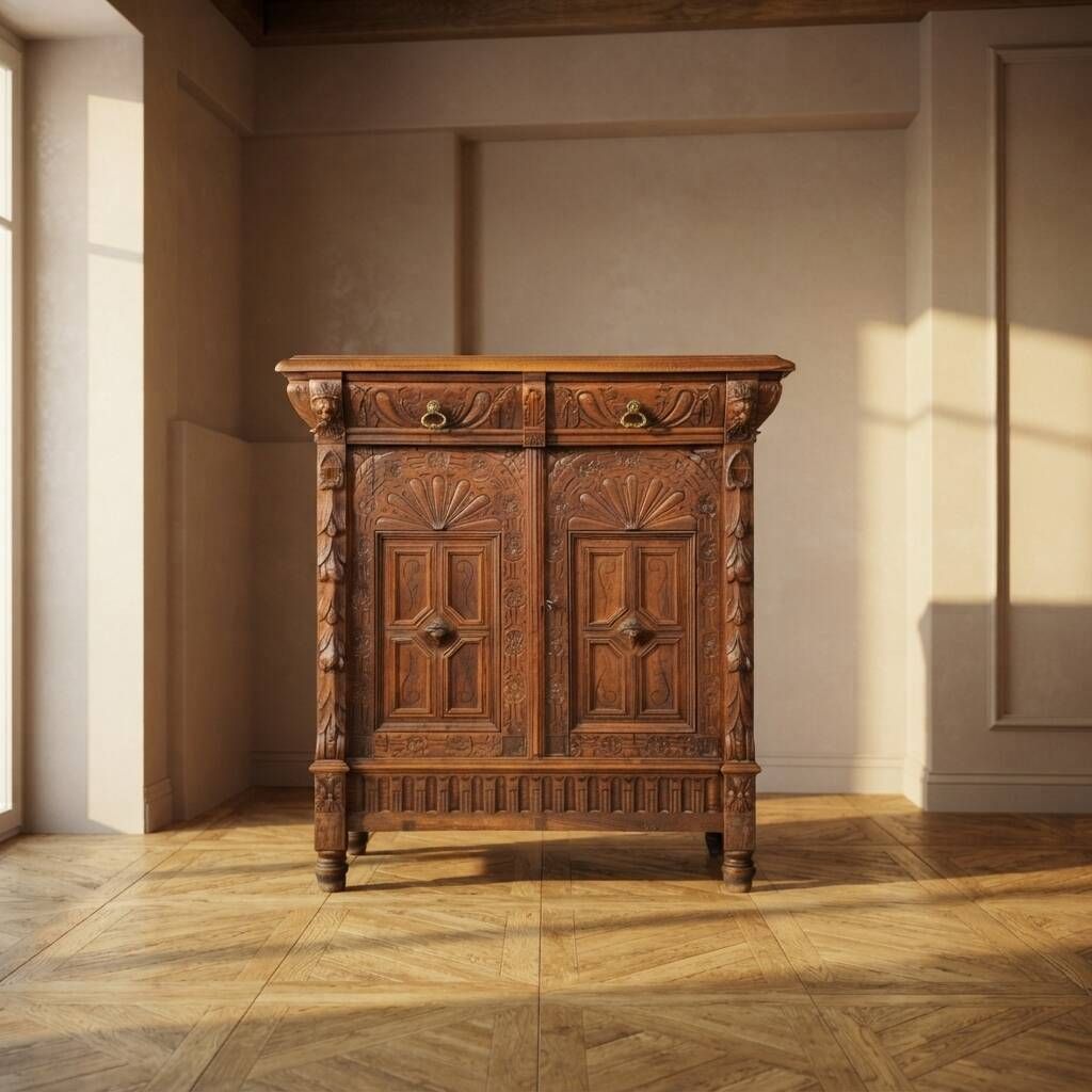 Carved Wooden Cabinet, Ornate Antique Style, 20th Century, European