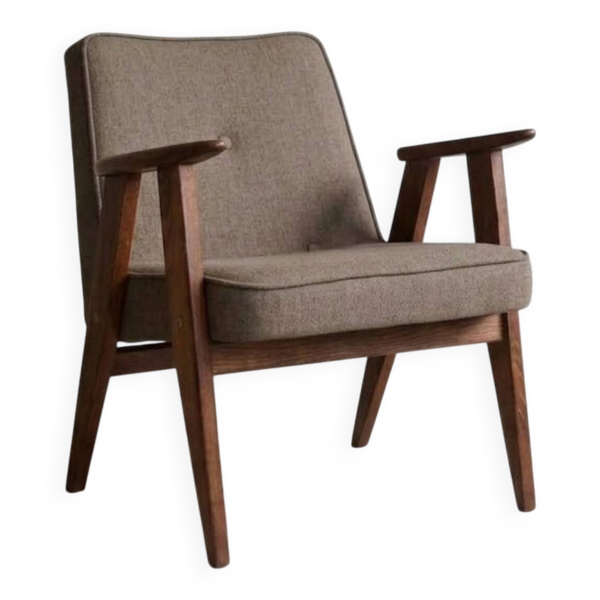 Fauteuil vintage taupe mélangé avec rembourrage en confettis rénové