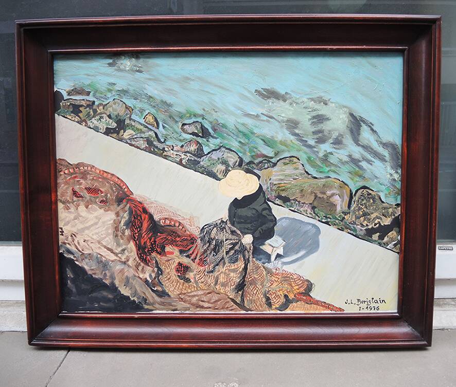 Old oil on canvas painting signed: return from fishing