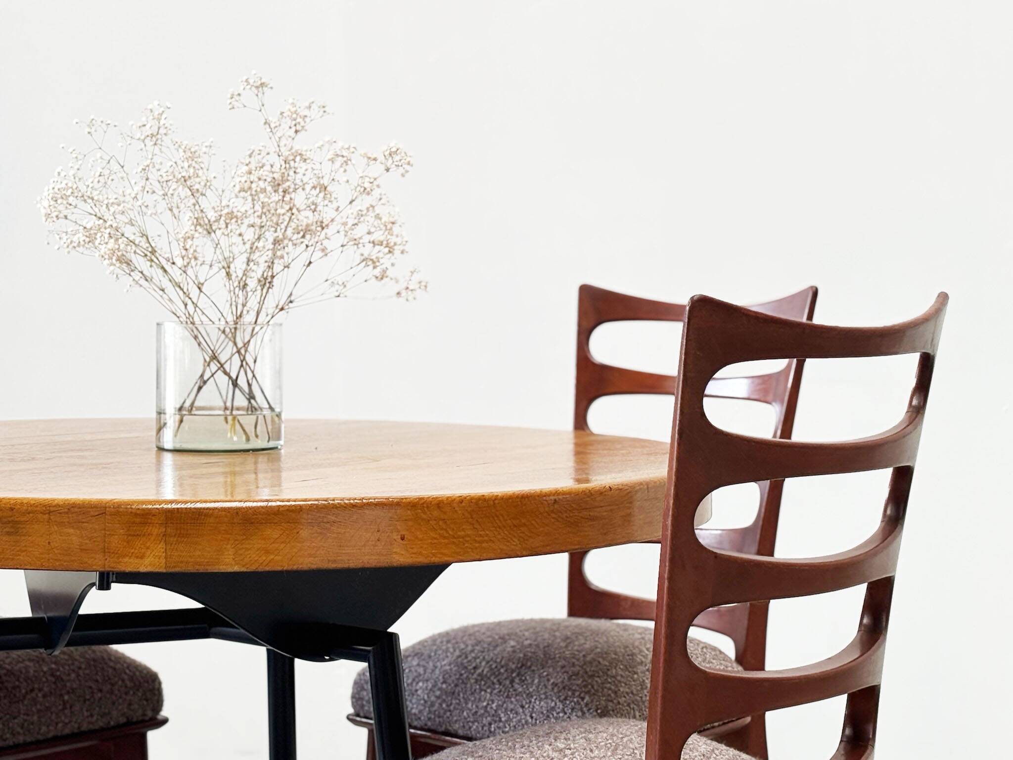 Industrial French round dining table with oak top
