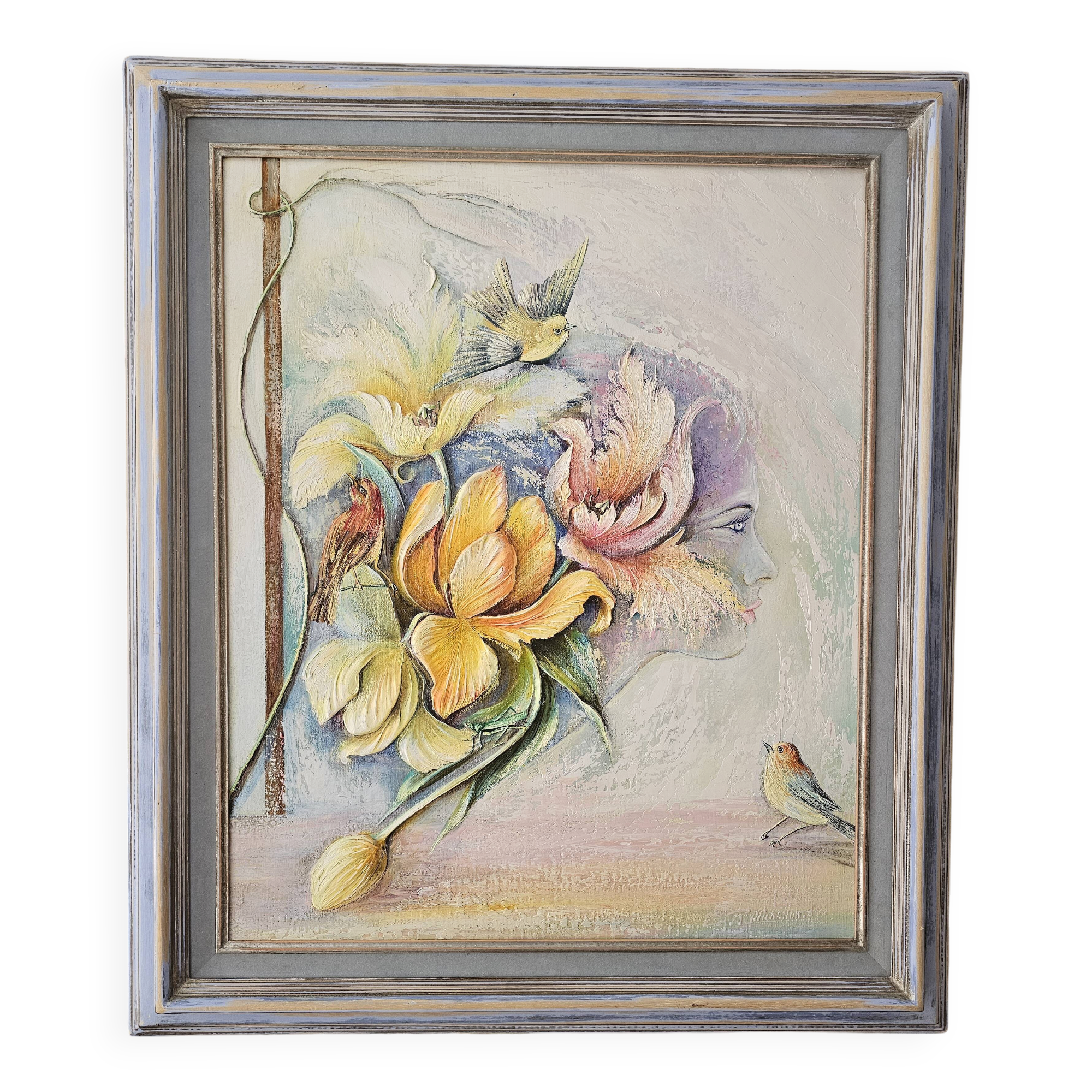 Tableau Huile sur Toile Onirique Profil féminin, fleurs, Oiseaux Michallon
