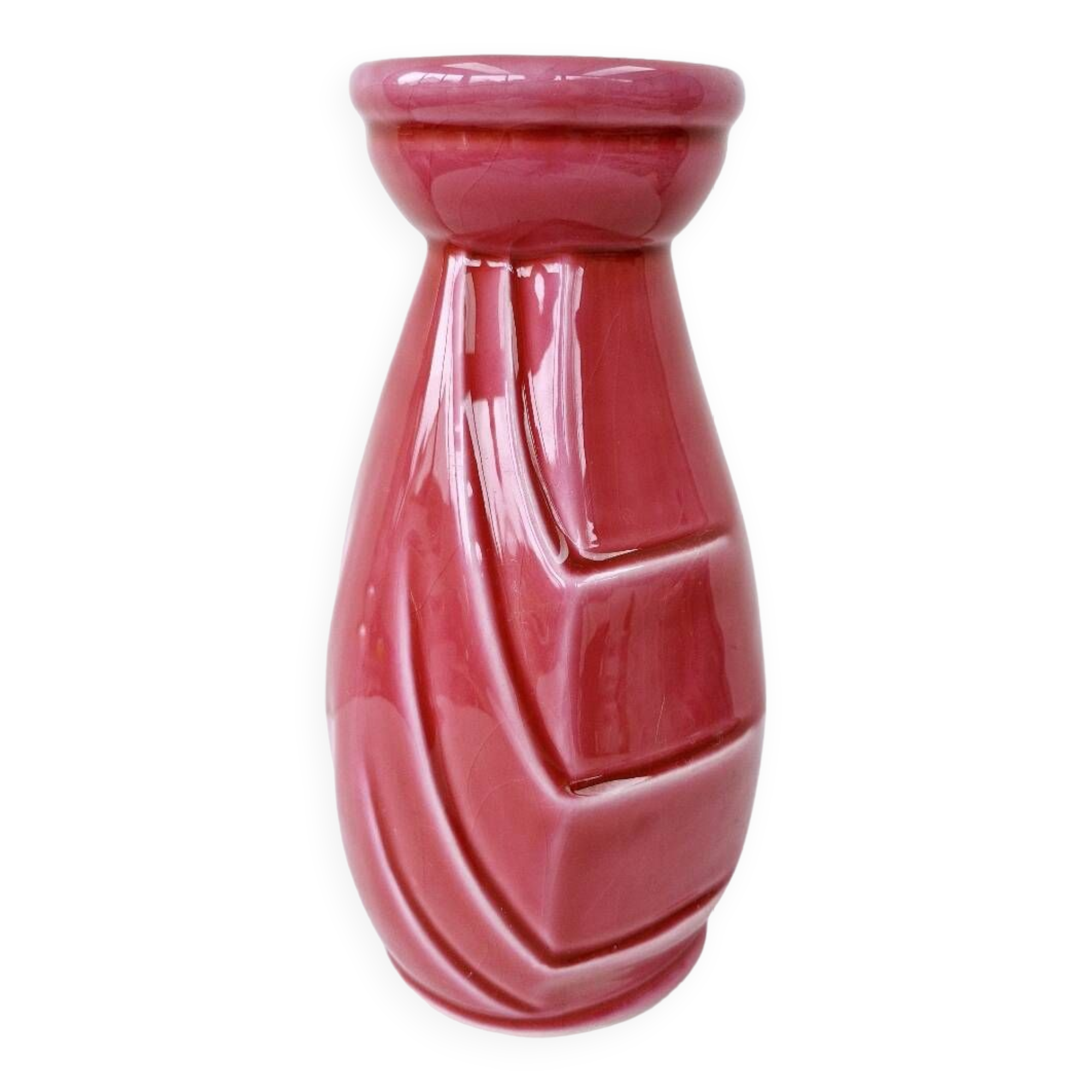 Small old raspberry pink enameled ceramic vase 1940s
