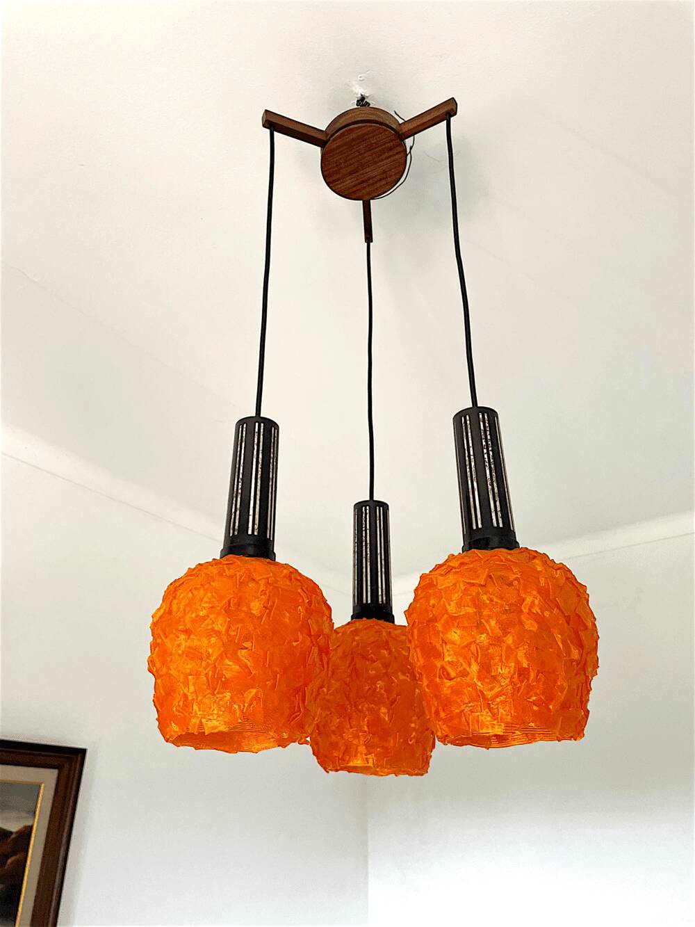 Space Age orange lucite spaghetti 3-light chandelier