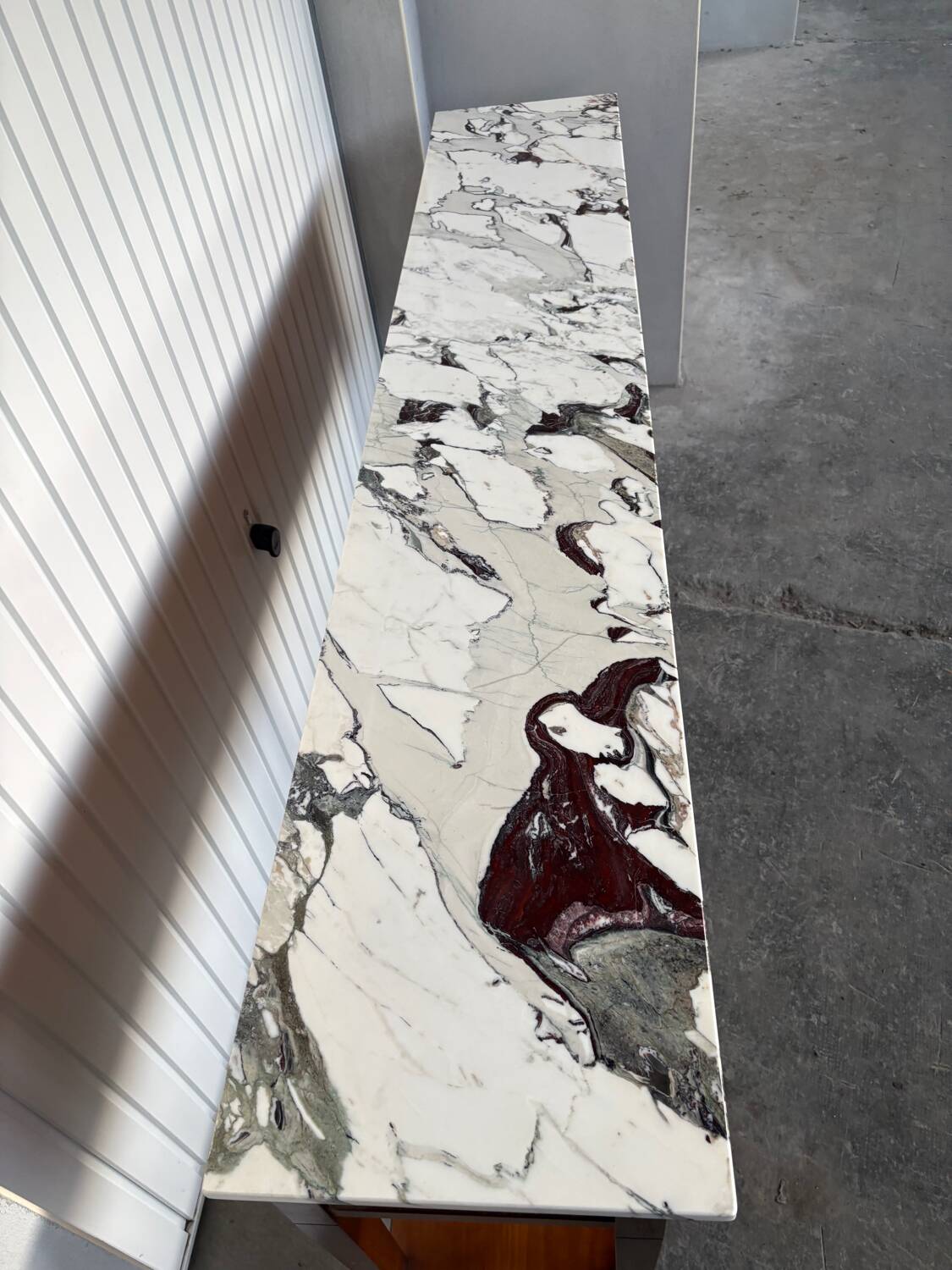 Large console in Calacatta Viola marble & solid cherry wood.