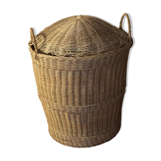 Panier en osier vintage avec 2 anses et couvercle bombé