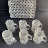 Tray and 6 mugs in blown and molded glass