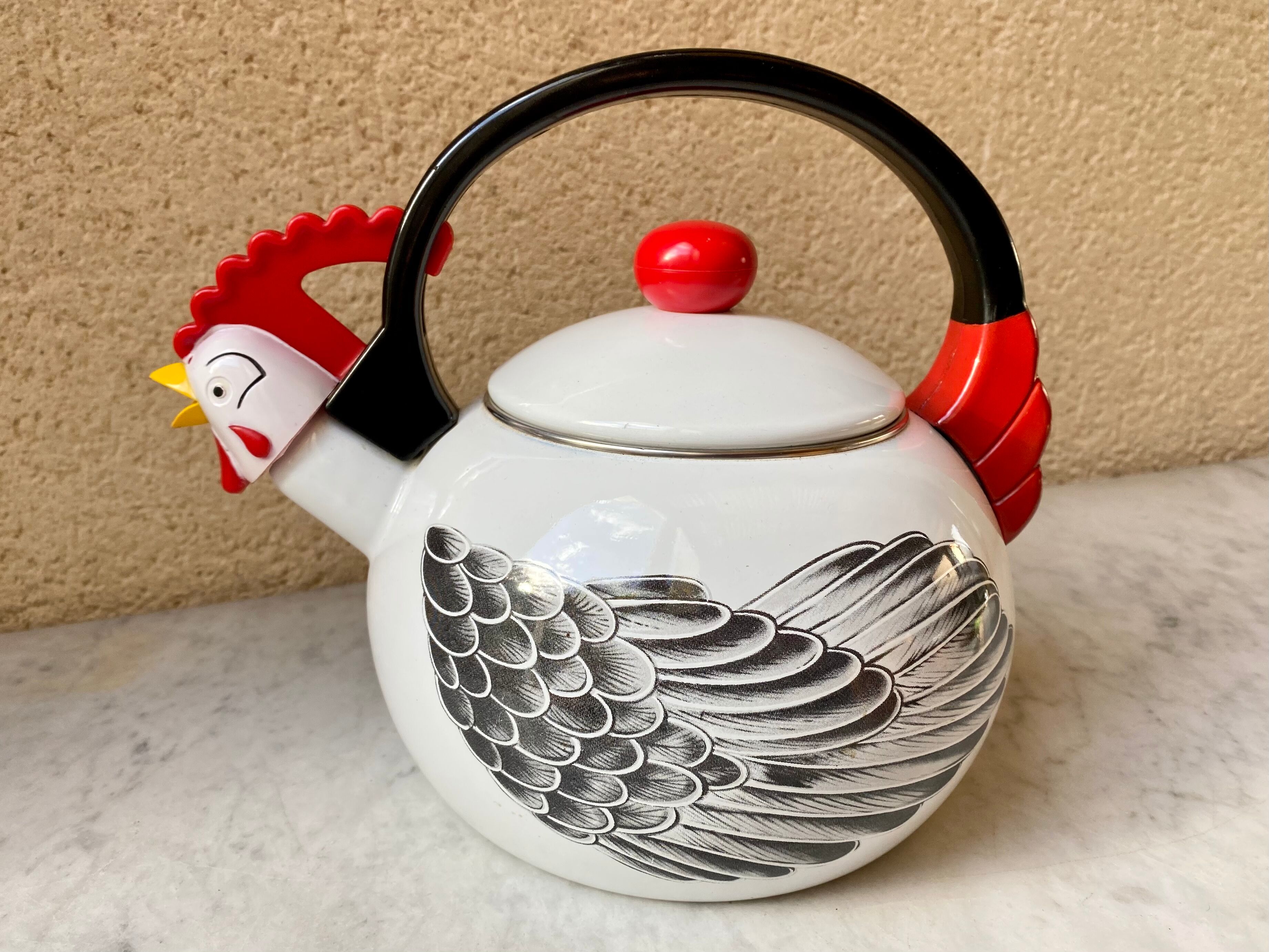 Kettle sheet metal enamel vintage 80s kamenstein decorations rooster