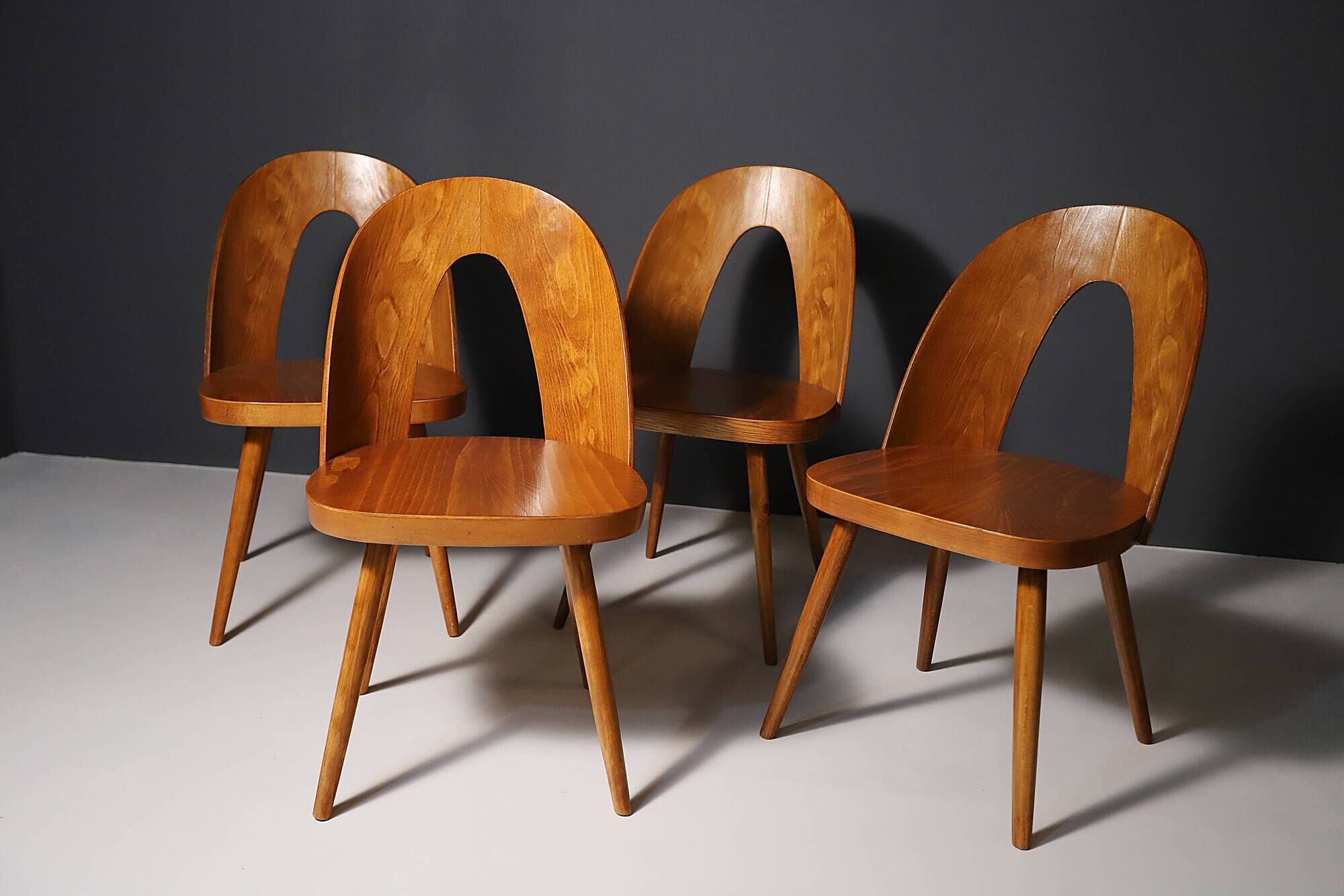 Fully renovated beech wood dining chairs, Czechoslovakia, set of 4