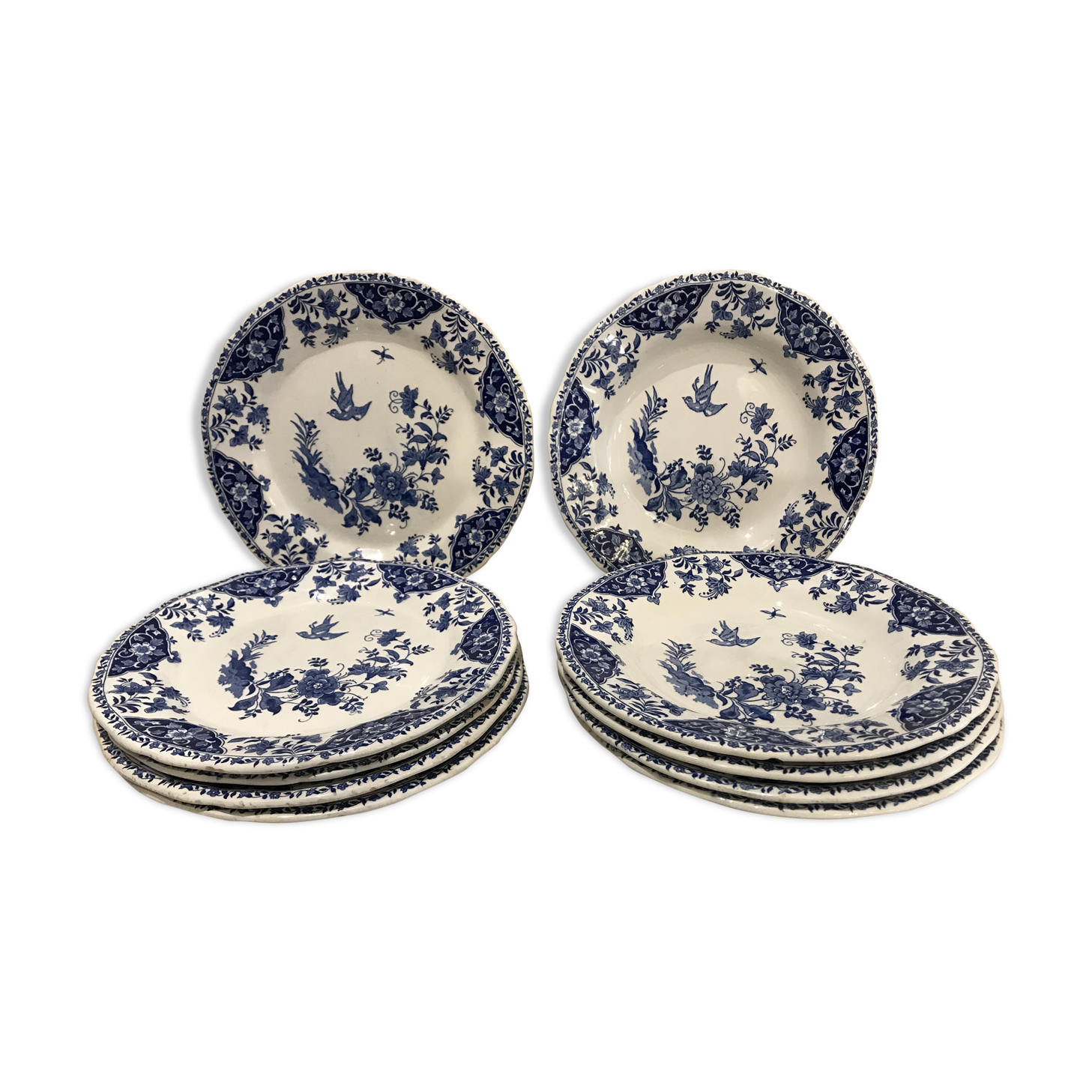 Lot of 5 flat plates and 5 plates Gien 1960, blue and white hollow