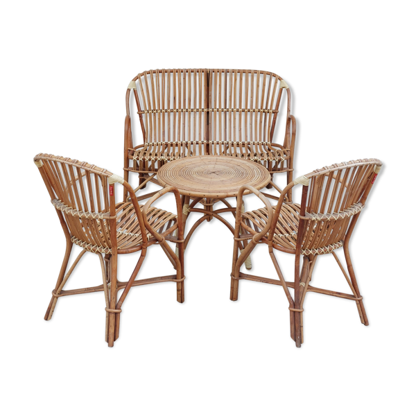 Banquette table et deux fauteuils en rotin 1950 vintage