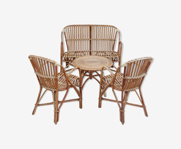 Set bench table and two armchairs in rattan 1950 vintage
