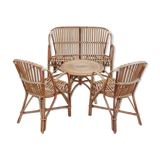 Set bench table and two armchairs in rattan 1950 vintage