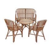 Banquette table et deux fauteuils en rotin 1950 vintage