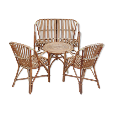 Set bench table and two armchairs in rattan 1950 vintage