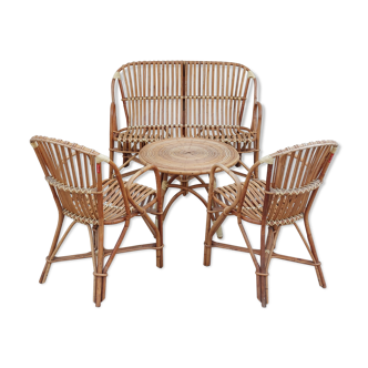 Set bench table and two armchairs in rattan 1950 vintage