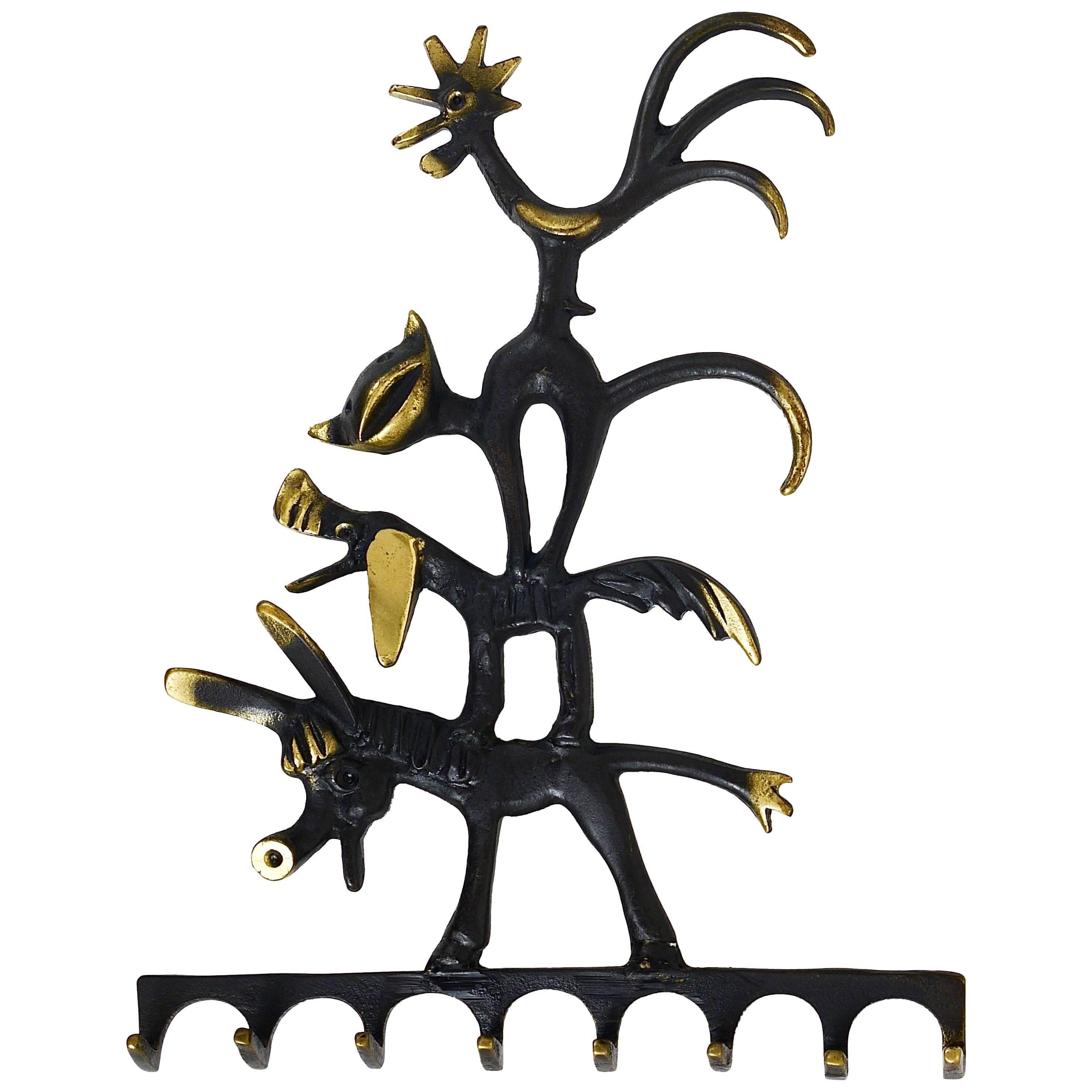 Walter Bosse brass keychains of a donkey, dog, cat, and rooster, Herta Baller, Austria
