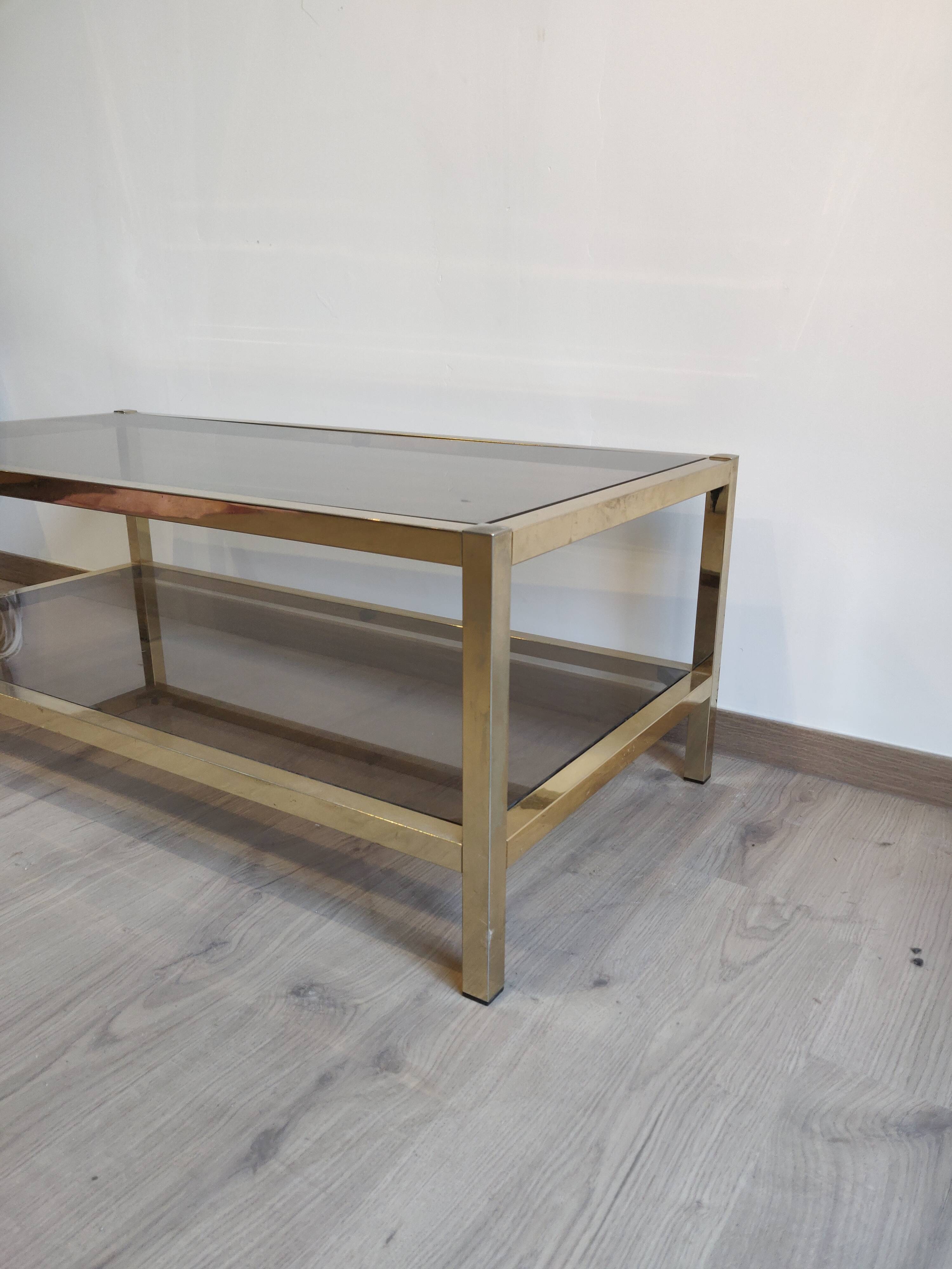Coffee table in gilded brass smoked glass design 1970s