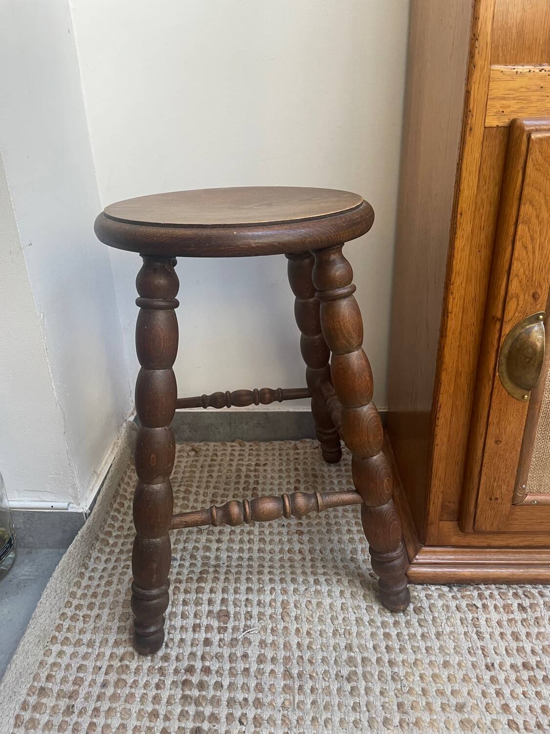 Turned wood tripod stool