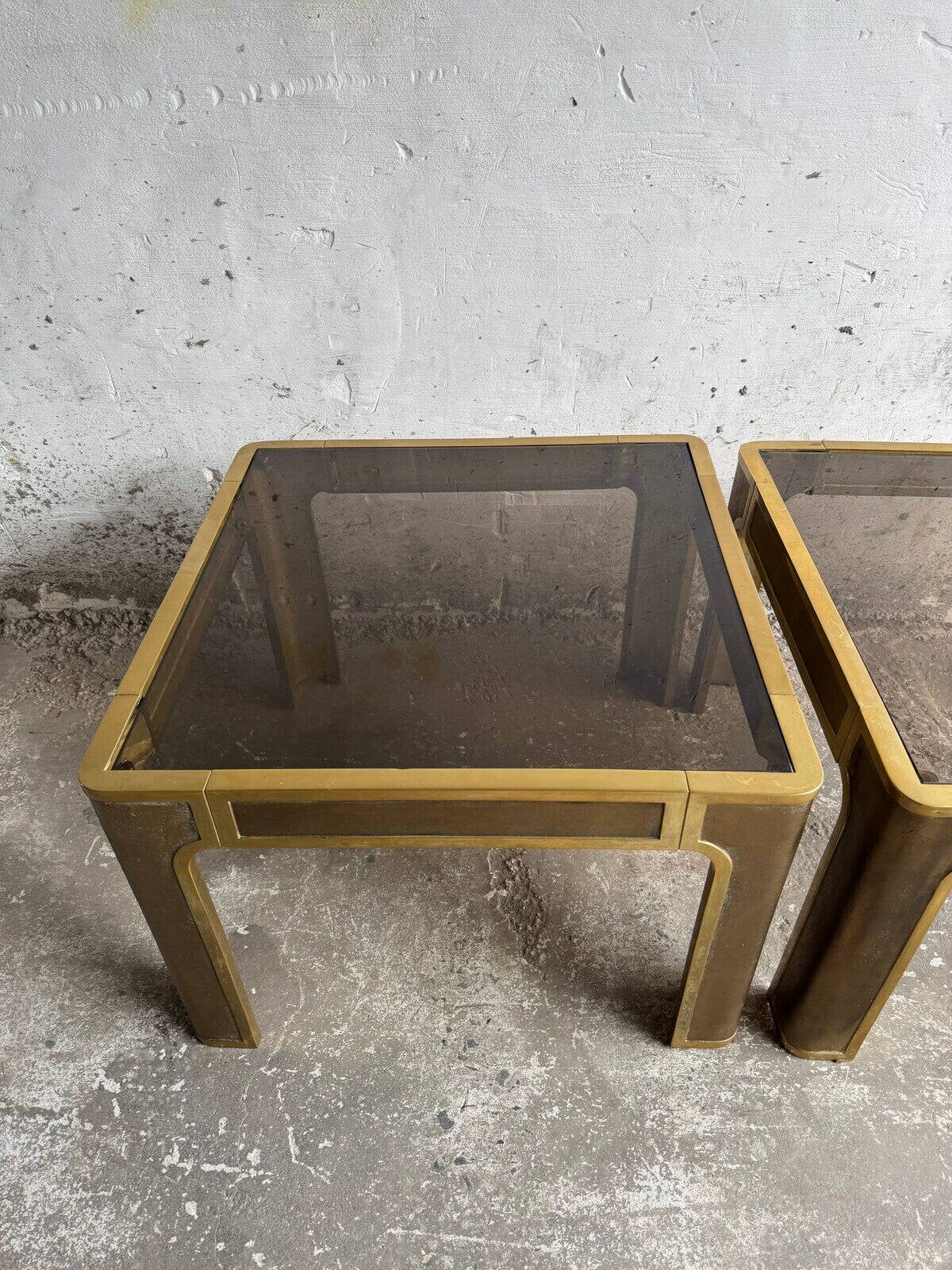 Pair of Gold Bronze Side Tables with Smoked Glass Tops — Solid Bronze, 1970s Belgian Design