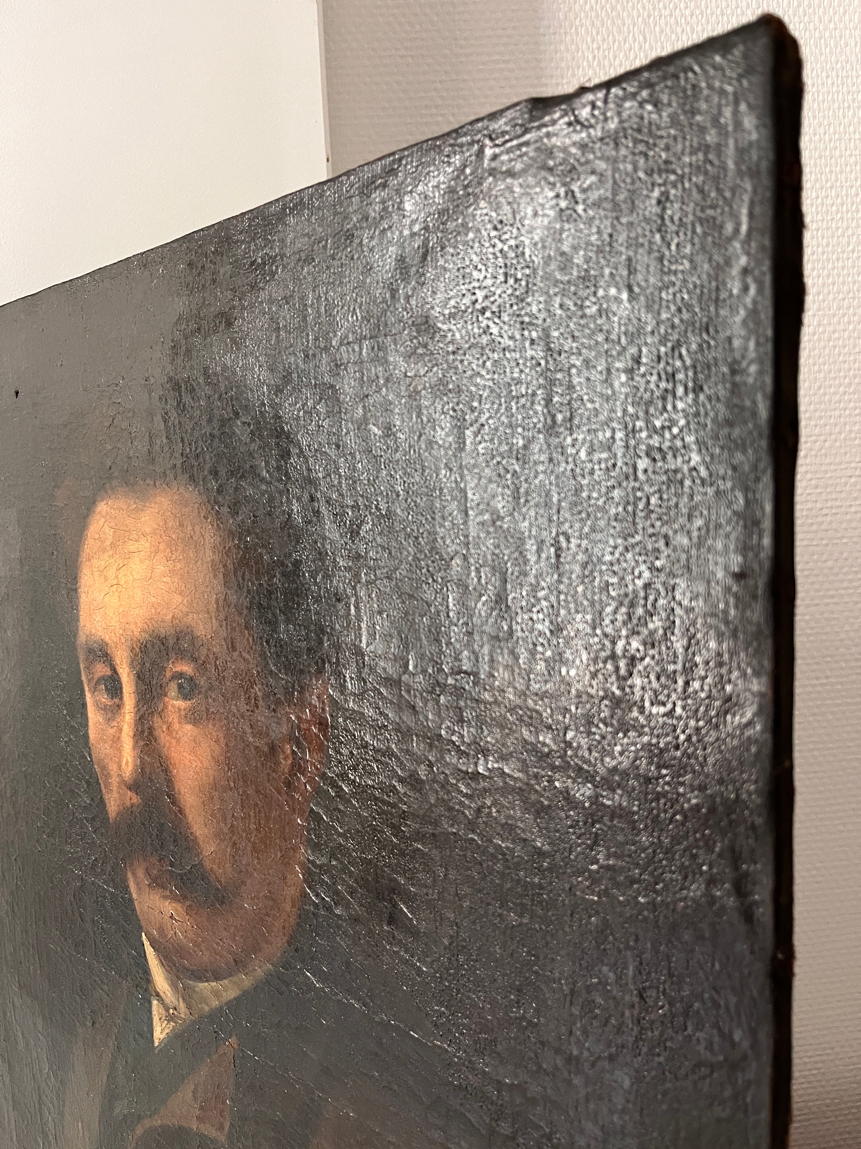 Portrait of a man in oil on canvas from the 19th century, an old painting dated 1885.