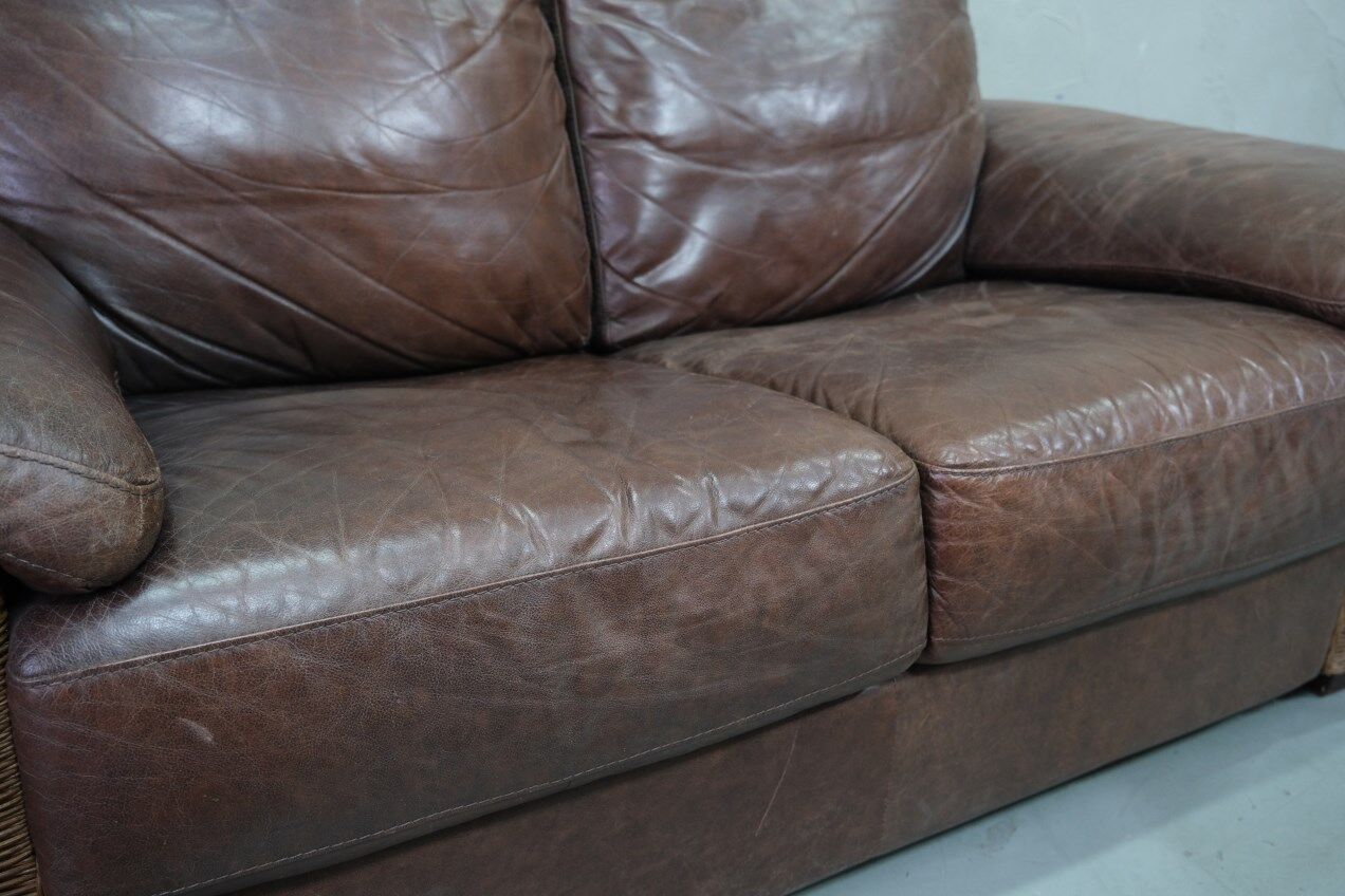 Italian Rattan and Leather Sofa, 1970s