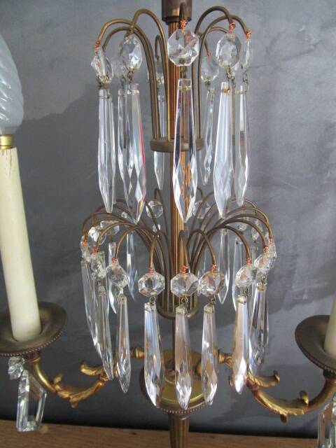 Pair of antique bronze and crystal candelabras - electrified