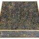 Square coffee table in marbled glass with "solar eruption" decor.