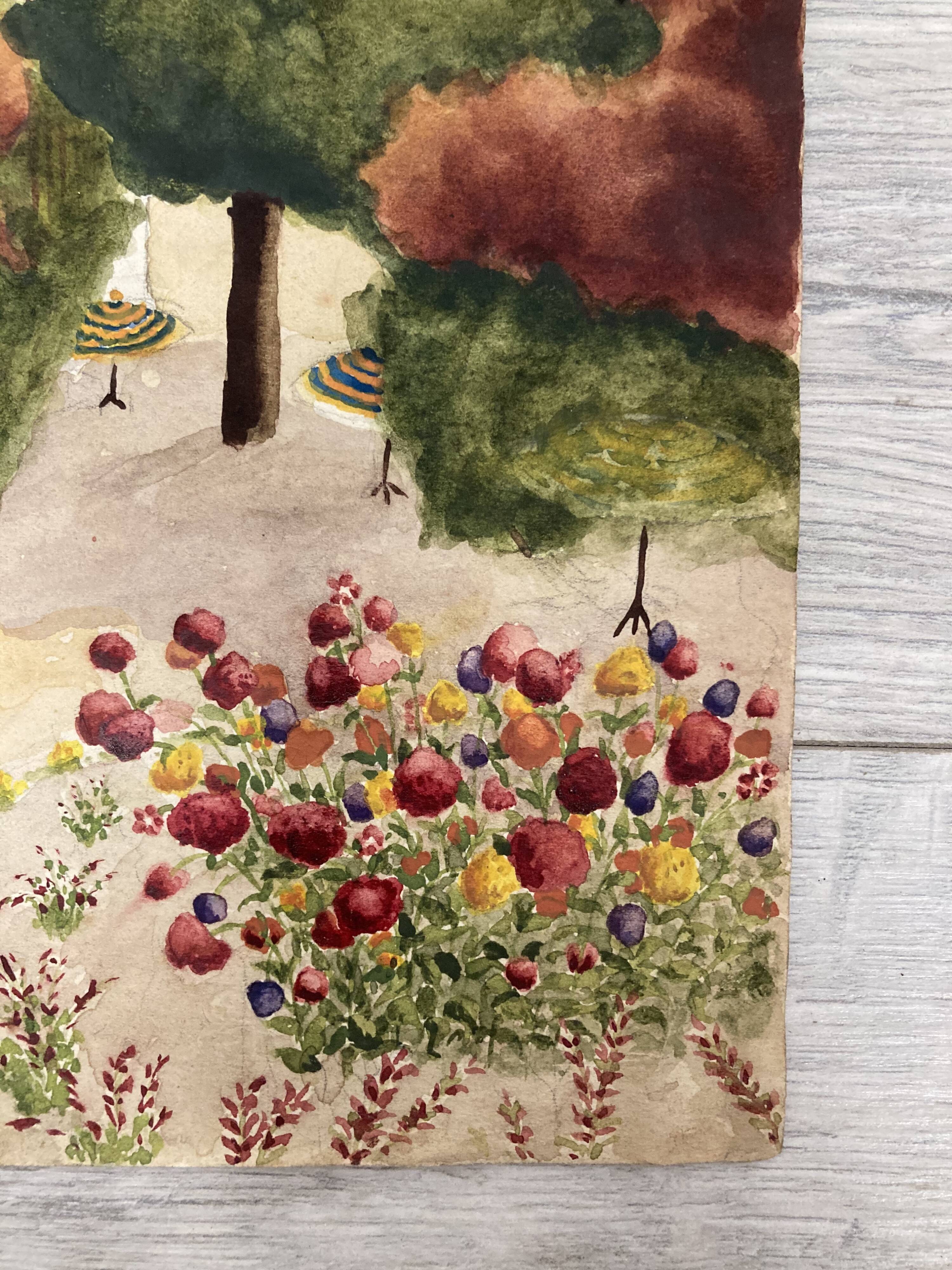 Watercolor landscape with parasols