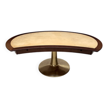 Large Italian Single Column Crescent-Shaped Desk in Goat Skin & Brass 1950s