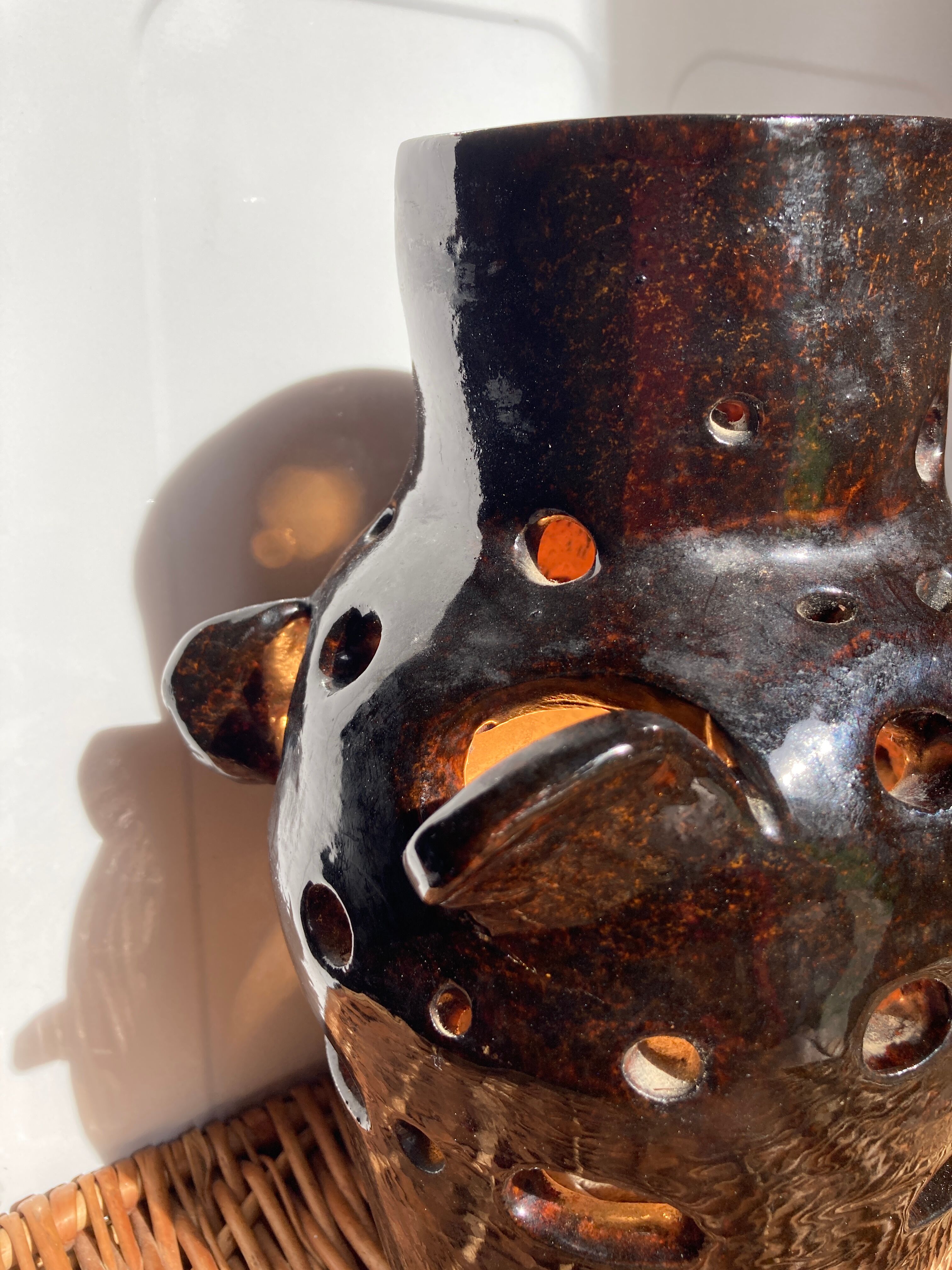 Brutalist lamp in black / brown ceramic openwork 1970