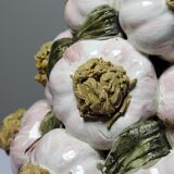 Vintage trompe-l’œil garlic pyramid in glazed ceramic from Manises, Spain.