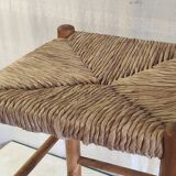 High stool in solid wood and straw - mid. 20th century