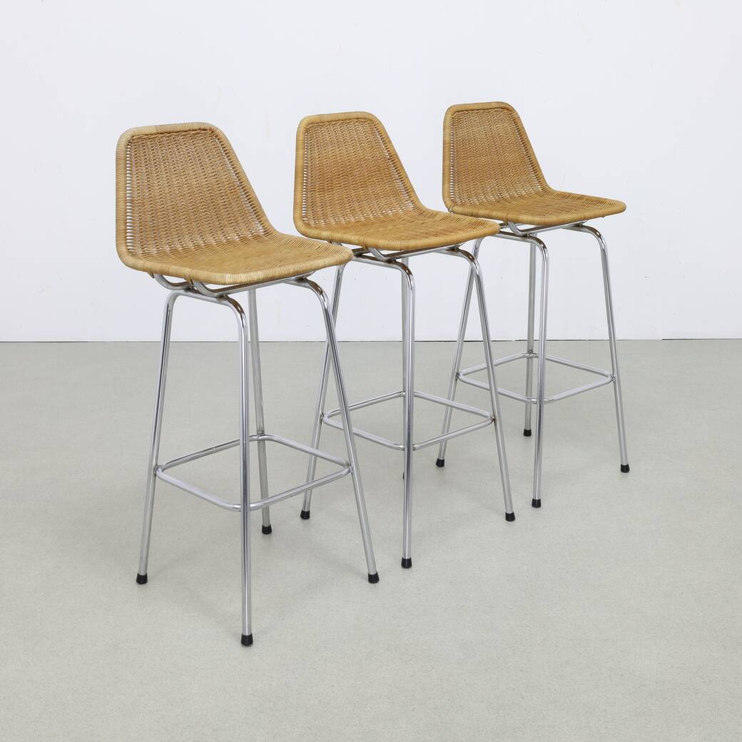 3x bar stool in rattan and chrome by rohé noordwolde, 1960s