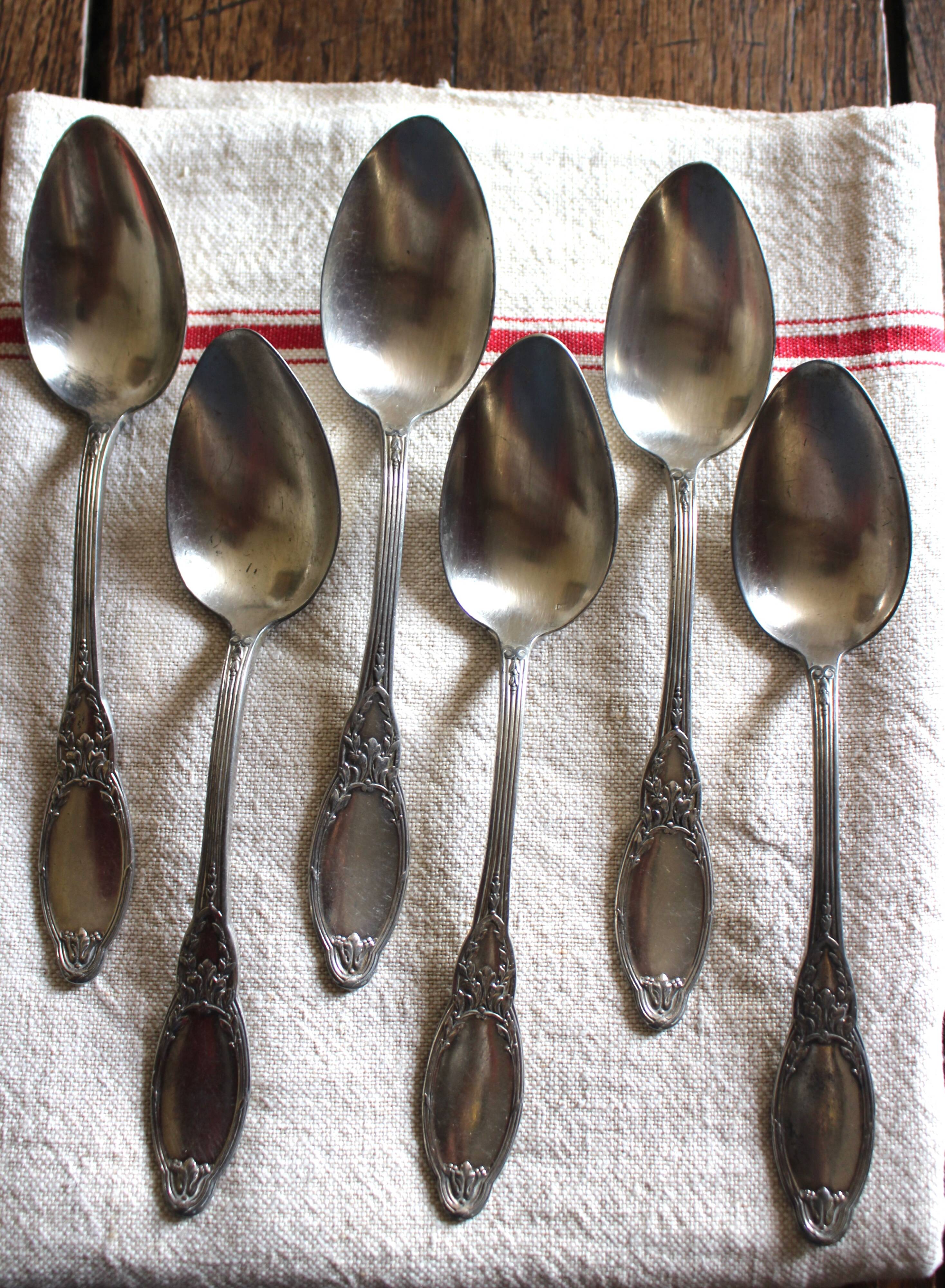 A set of 6 silver-plated metal soup spoons with foliage design.