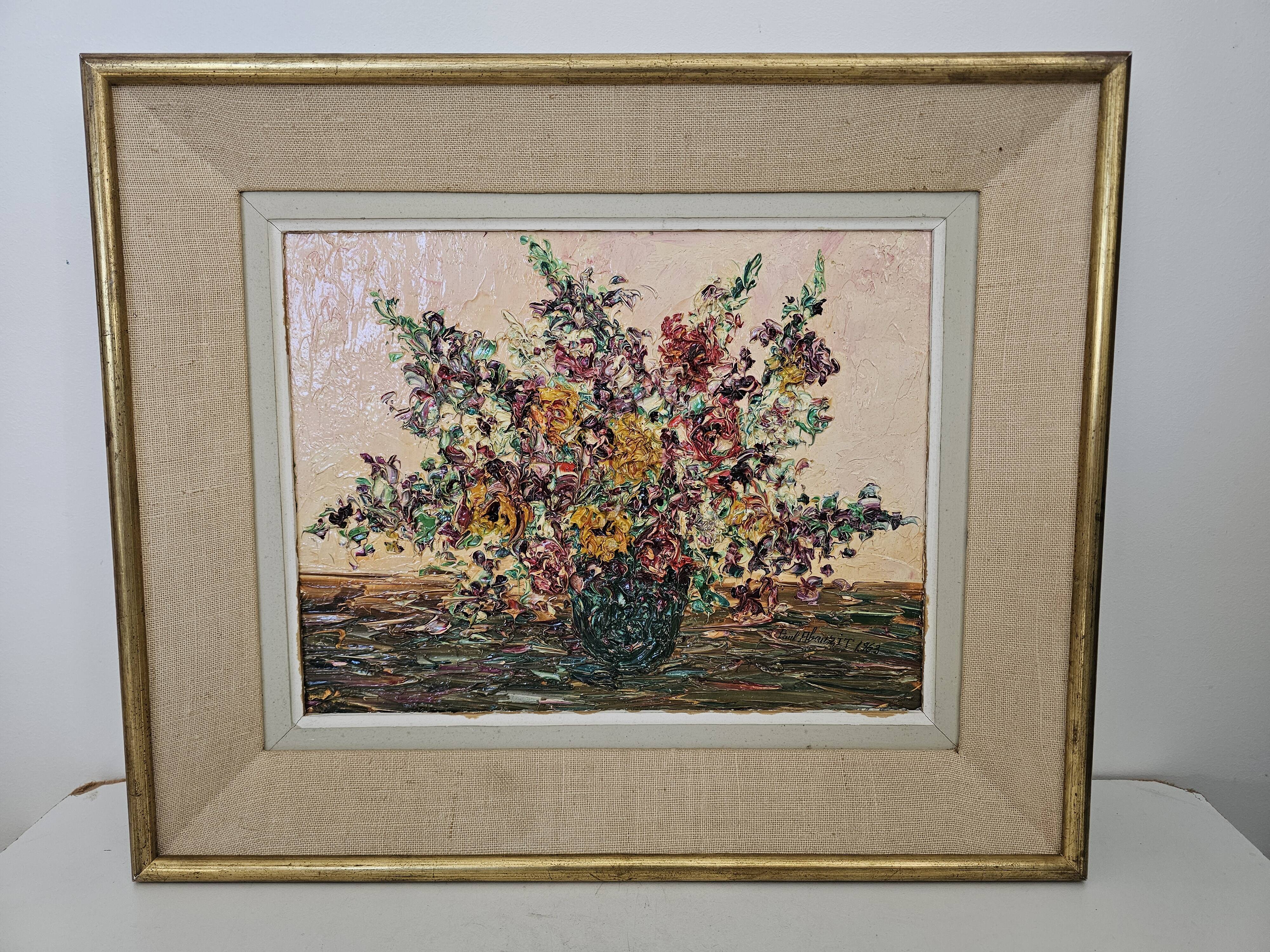Oil on canvas - Bouquet of flowers with a knife Signed Paul Abouzit