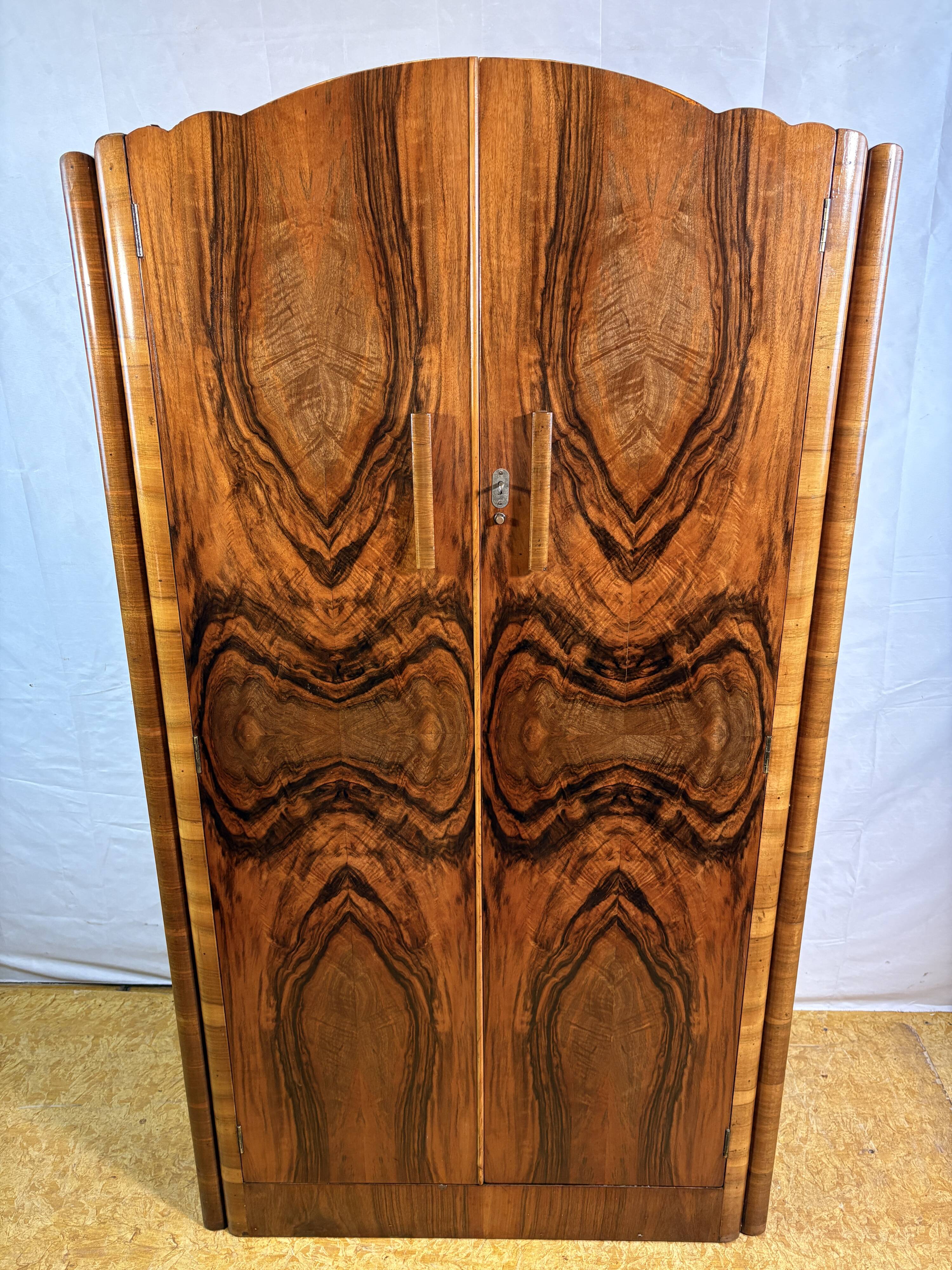 Art Deco Vintage 1930s  Figured Walnut Wardrobe Bookmatched Fitted Interior