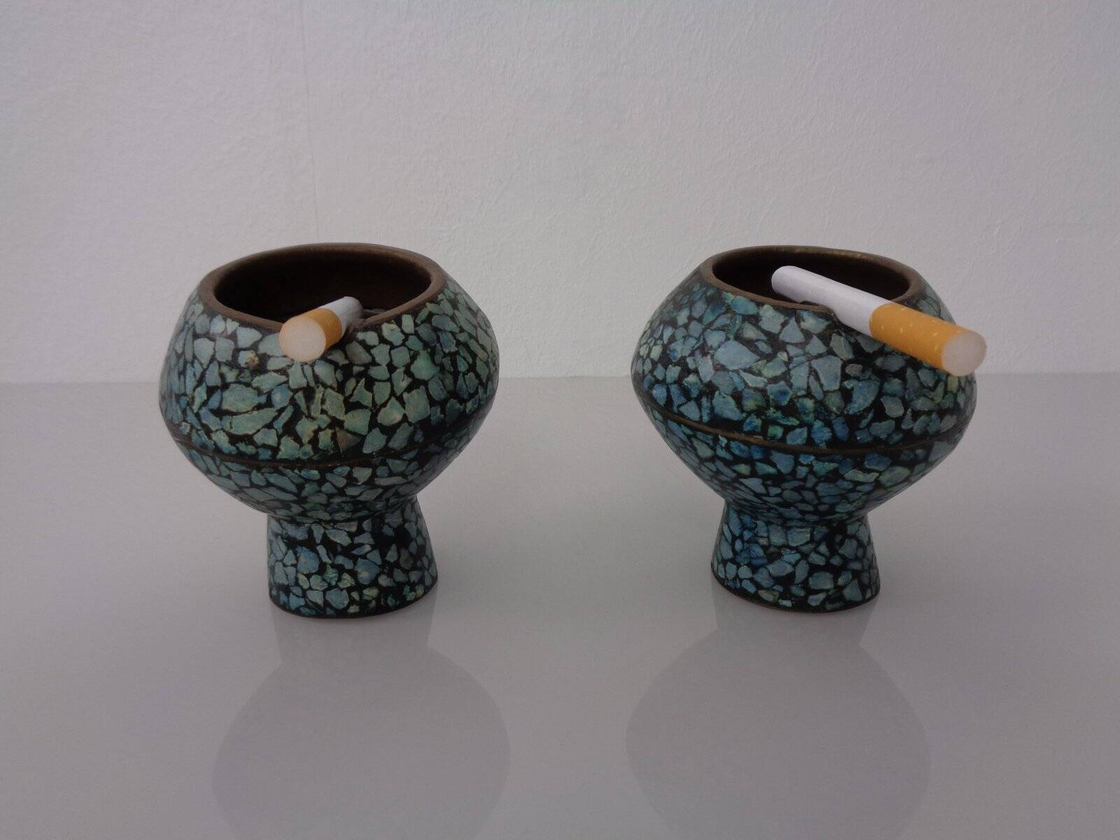 Vintage Indian Copper & Turquoise Stone Ashtrays, 1960s, Set of 2
