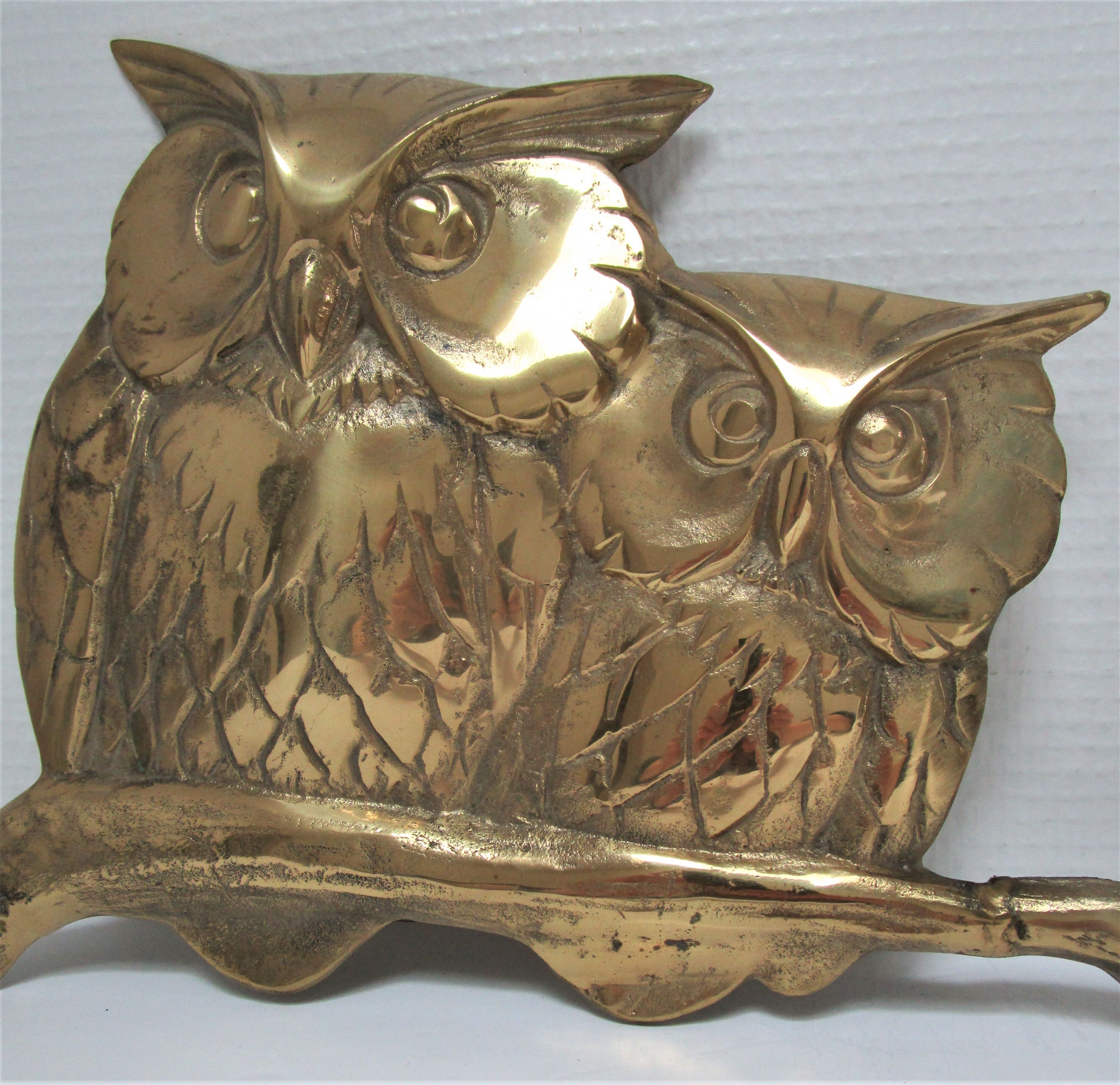 Three owls on a massive brass branch vintage wall decoration