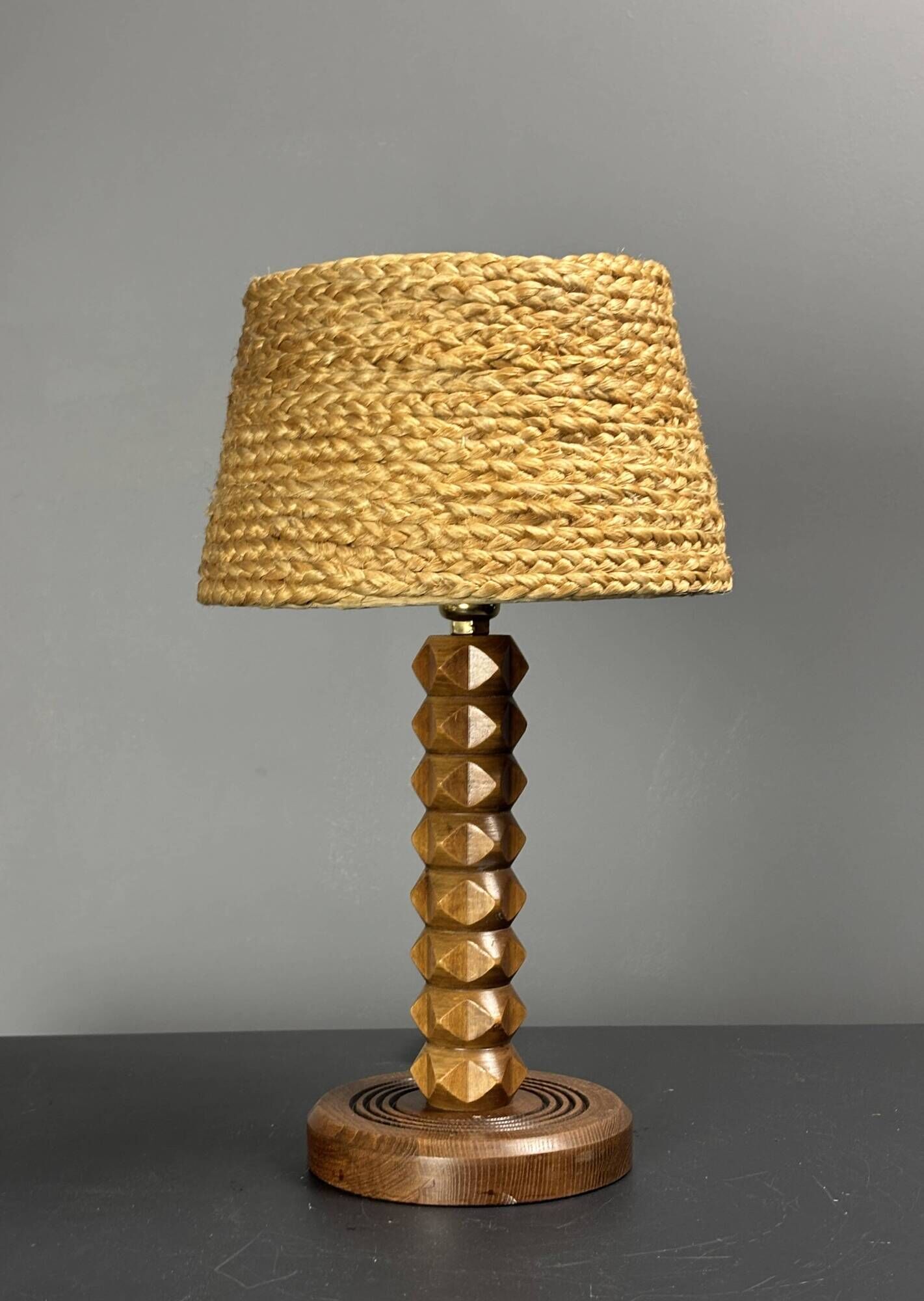 Mid-Century modern brutalist wood turned table lamp Charles Dudouyt style