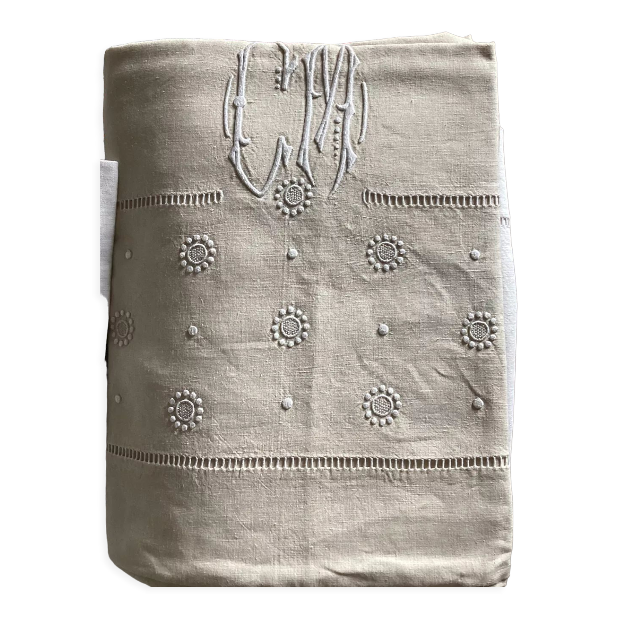 Drap 2 personnes en métis avec bandeau à petits ronds brodé
