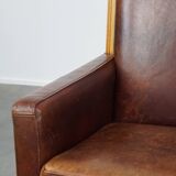 Sheepskin Leather Art Deco Design 2-Seater Sofa with Wooden Details