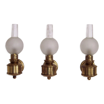 Set of 3 Vintage French Brass Lantern Style Wall Lights With Funnel Shades 4166