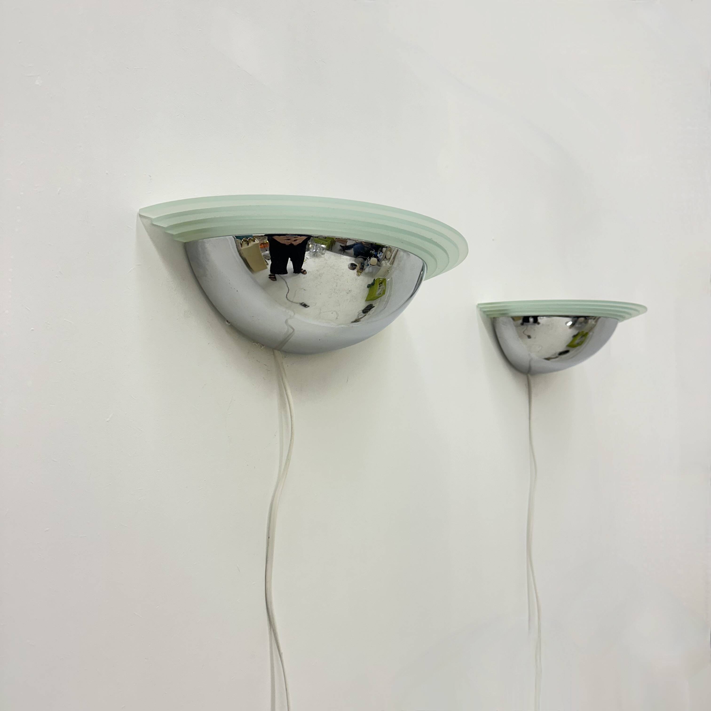 Pair of post modern wall lamps chrome and glass , 1980s