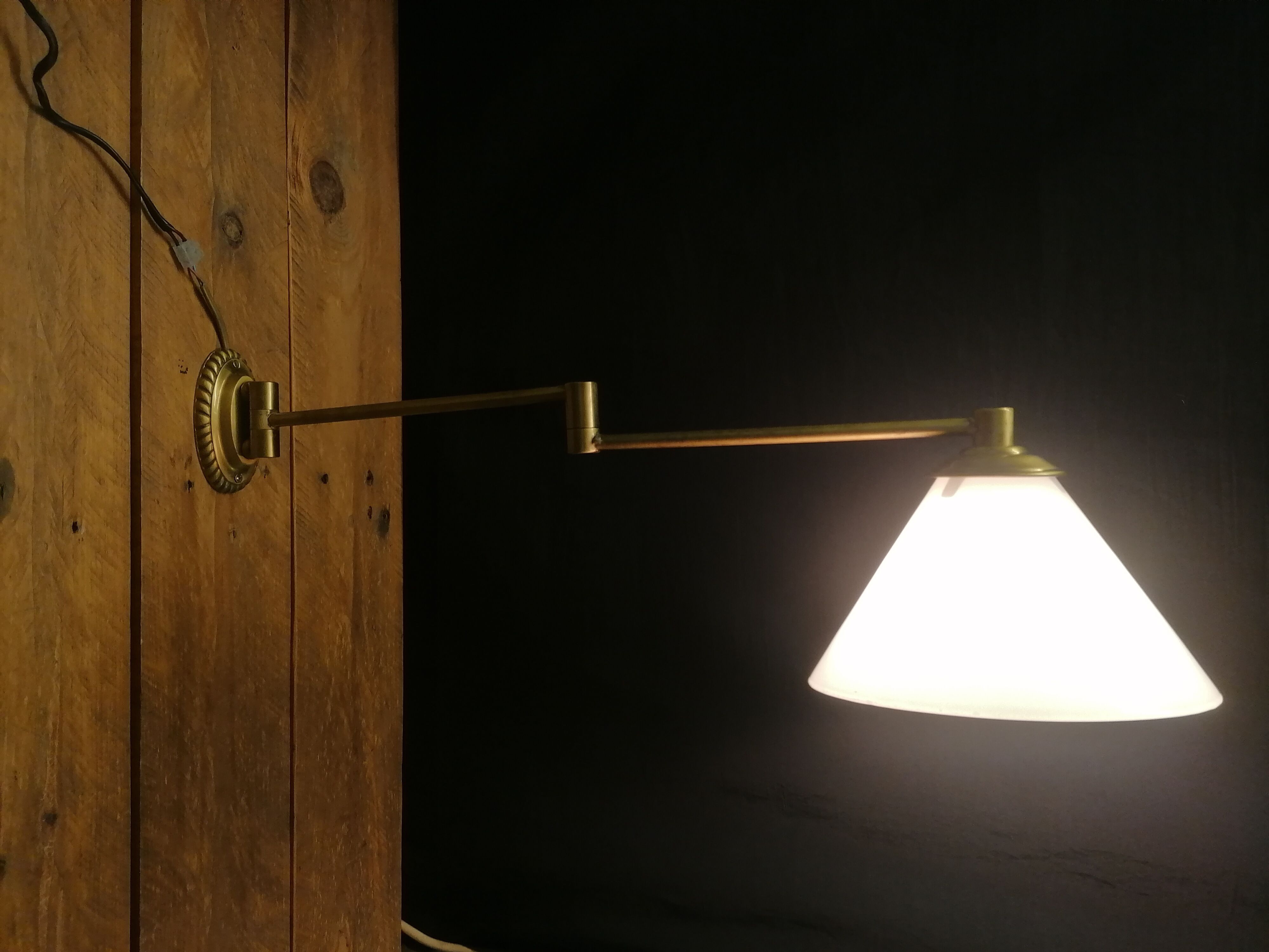 Articulated arm wall applique - brass and white glass diffuser - 1970s