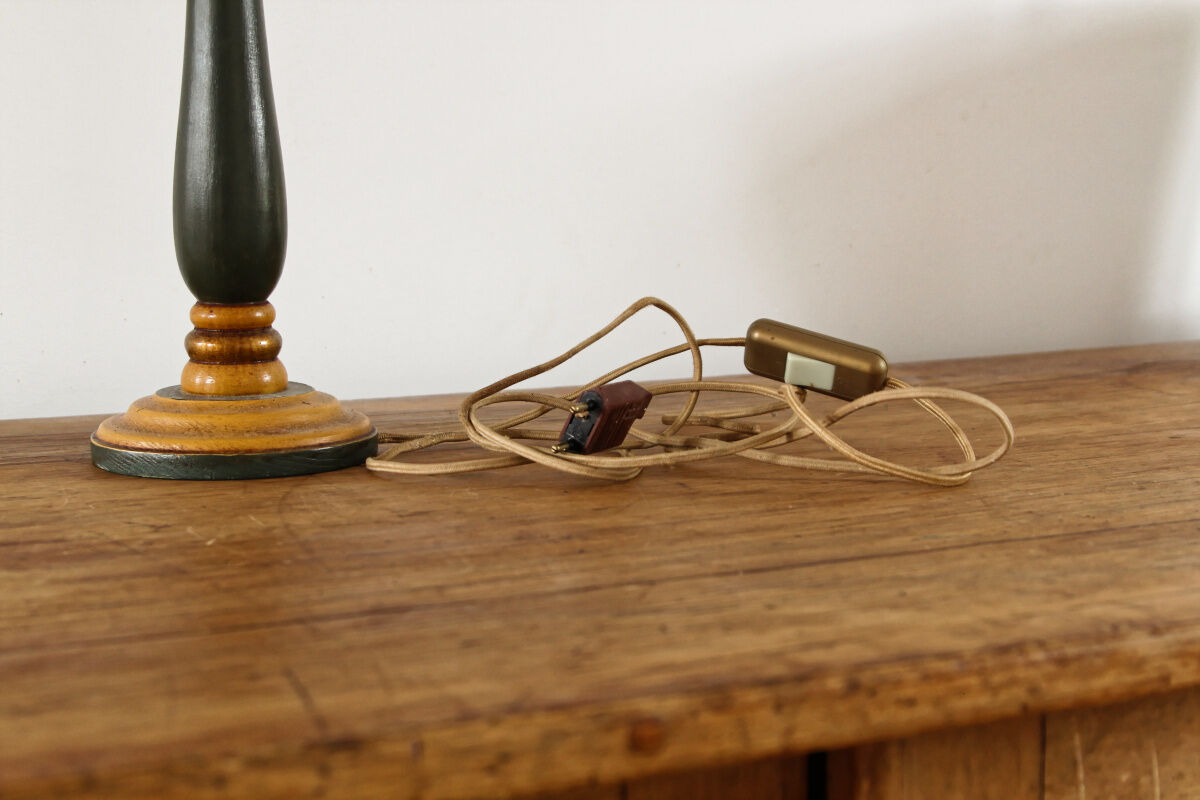 Turned wooden lamp, green and gold