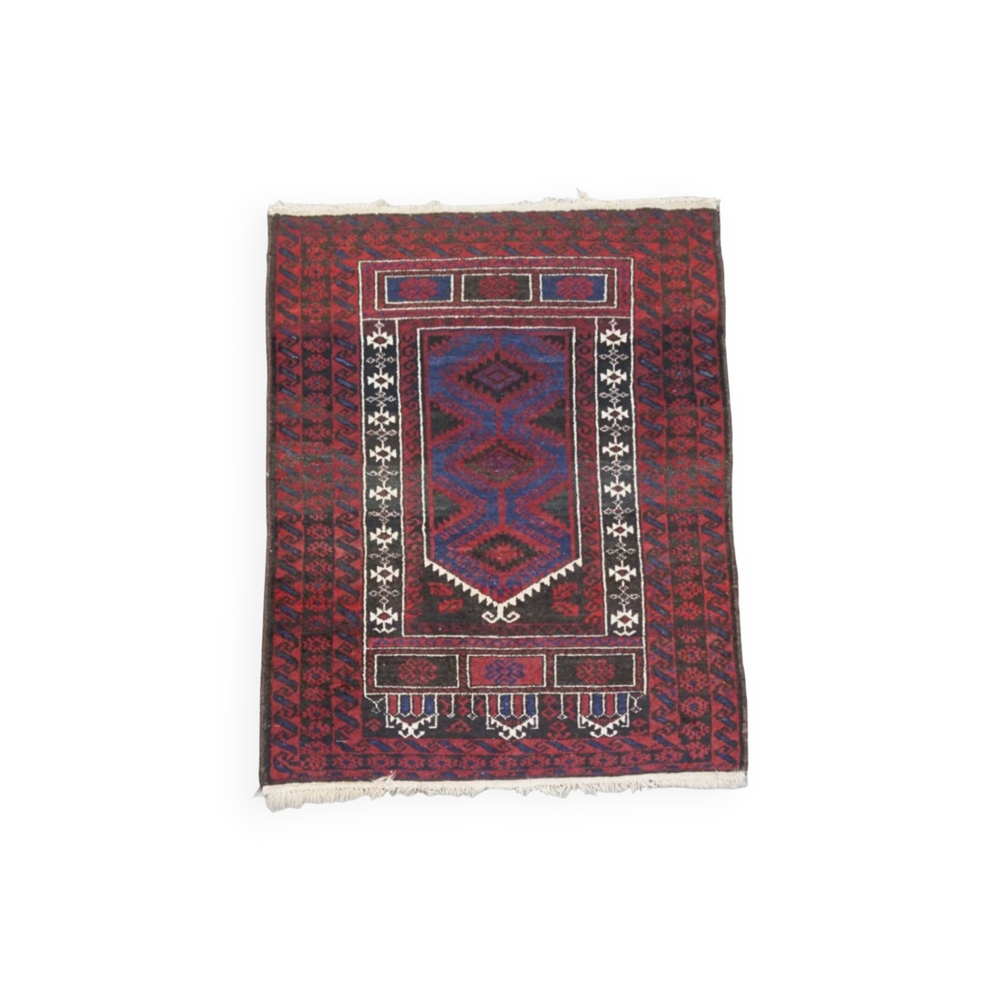 Hand-Knotted Rug with Burgundy Red, Dark Blue, and Beige Tones 143x88 cm