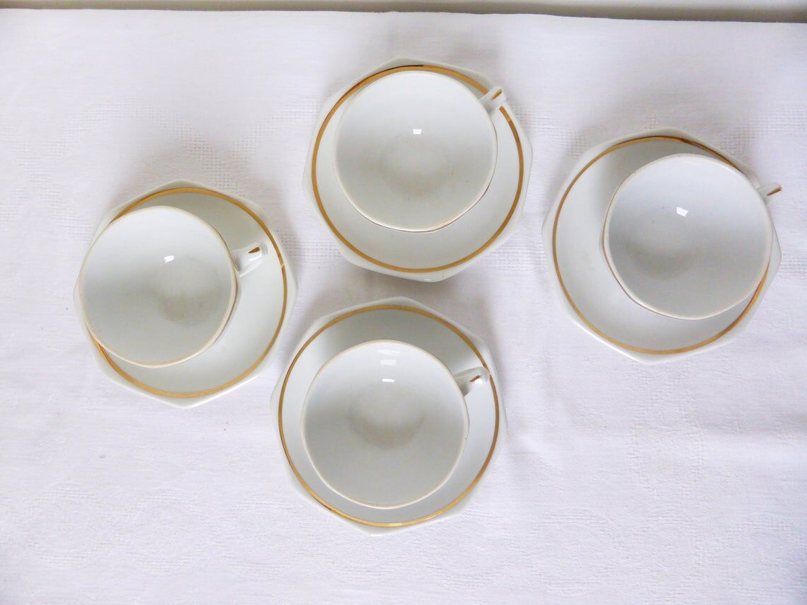 Set of 4 bistro coffee cups with gold rim